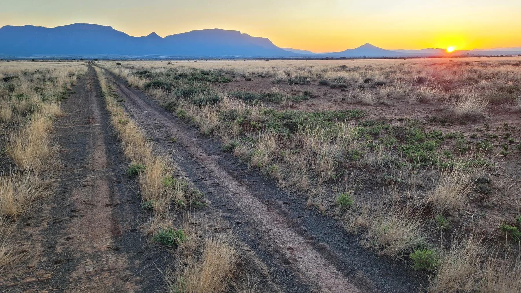 Sunrise over the Karoo mountains beside a walking track